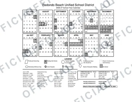 Redondo Beach USD Calender 2026-27 calendar