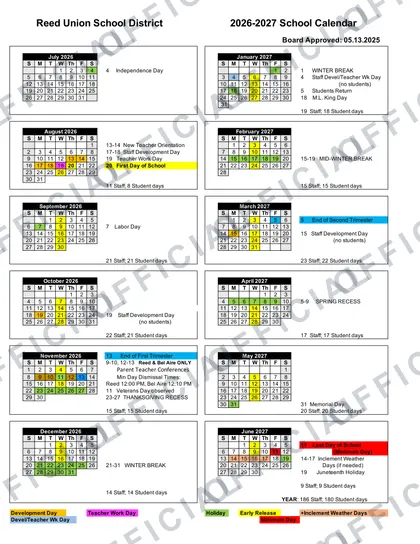 Reed Union School District 2026-27 calendar