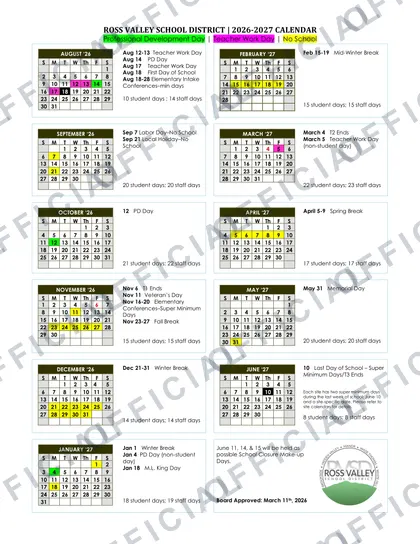 Ross Valley School District 2026-27 calendar