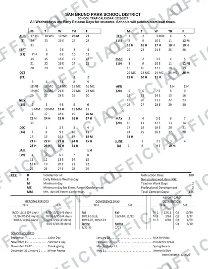 San Bruno Park School District 2026-27 calendar