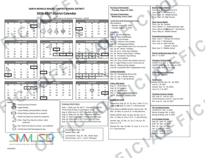Santa Monica-Malibu Unified SMMUSD 2026-27 calendar