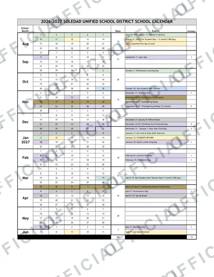 Soledad Unified School District 2026-27 calendar