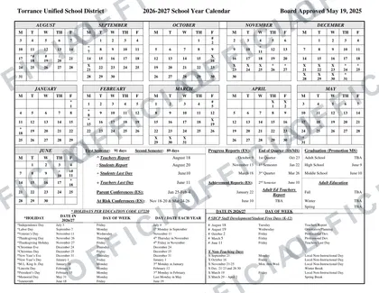 Torrance Unified School District USD Calender 2026-27 calendar