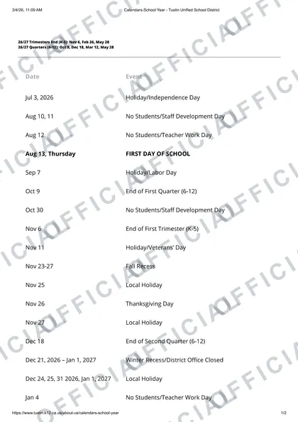Tustin usd Unified School District 2026-27 calendar