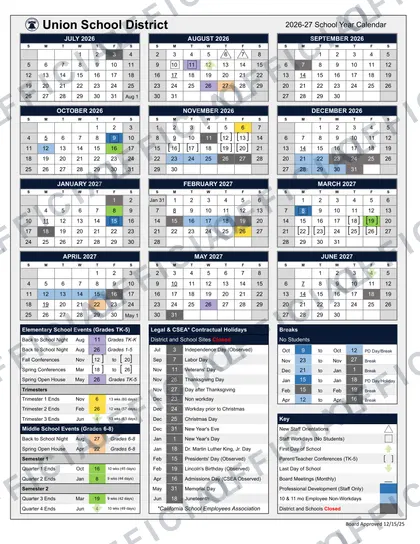 Union School District 2026-27 calendar