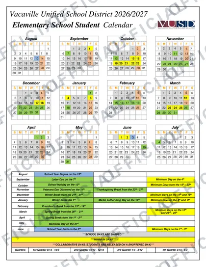 Vacaville Unified School District 2026-27 calendar