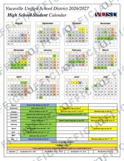 Vacaville Unified School District High School Student 2026-27 calendar