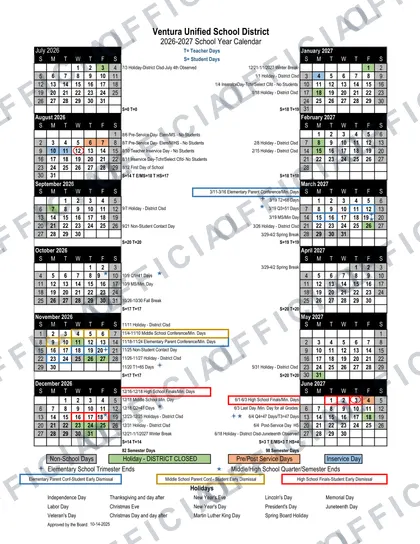Ventura Unified School District 2026-27 calendar