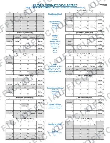 Victor Elementary School District 2026-27 calendar