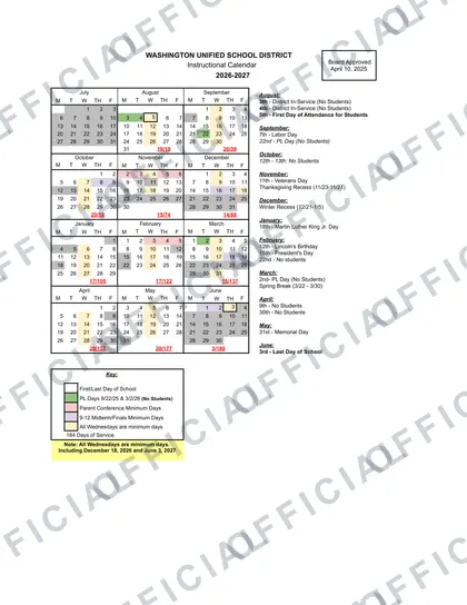 Washington Unified School District 2026-27 calendar