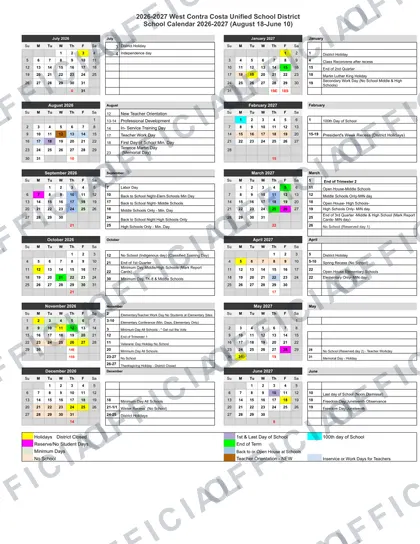 West Contra Costa WCCUSD 2026-27 calendar