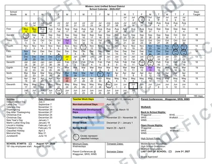 Winters Joint Unified School District 2026-27 calendar