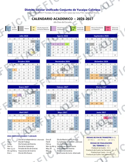 Yucaipa-Calimesa Joint YCJUSD 2026-27 calendar