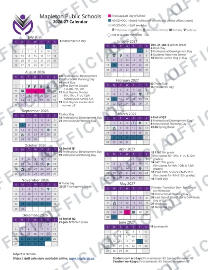 Mapleton Public Schools 2026-27 calendar