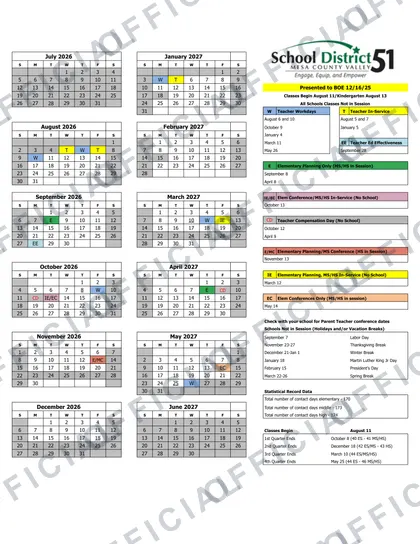 School District 51 Mesa County Valley 2026-27 calendar