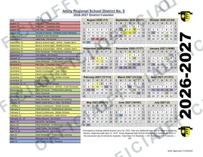 Amity Regional School District No. 5 2026-27 calendar