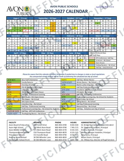 AVON PUBLIC SCHOOLS 2026-27 calendar
