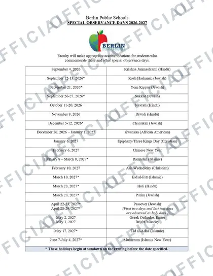 Berlin Public Schools 2026-27 calendar