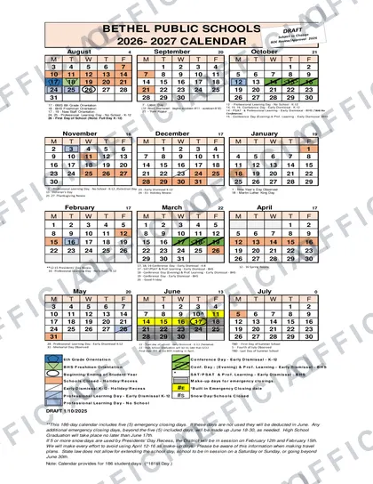 Bethel Public Schools 2026-27 calendar