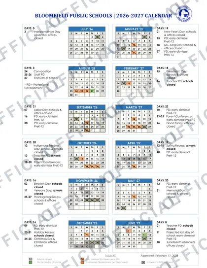 Bloomfield Public Schools 2026-27 calendar