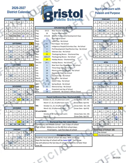 Bristol Public Schools 2026-27 calendar