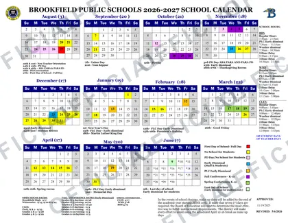 Brookfield Public Schools 2026-27 calendar