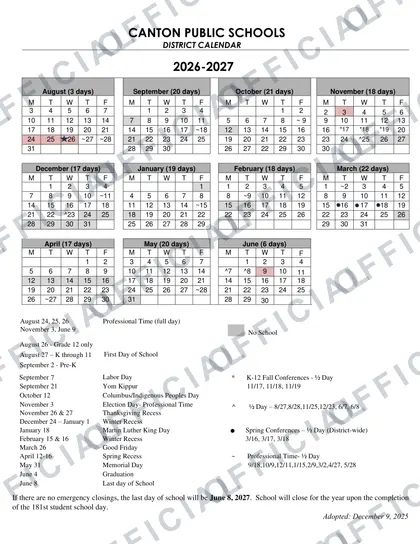 CANTON PUBLIC SCHOOLS 2026-27 calendar