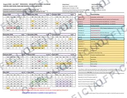 Chester, Deep River, Essex and Region 4 School Districts 2026-27 calendar