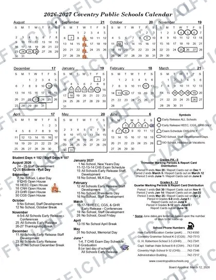Coventry Public Schools 2026-27 calendar