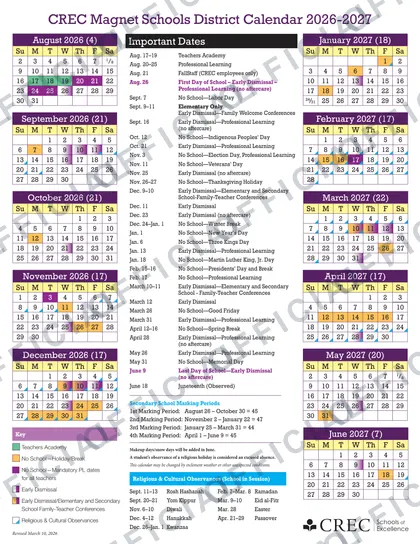 CREC Magnet Schools District 2026-27 calendar