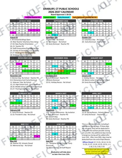 Danbury Public Schools 2026-27 calendar