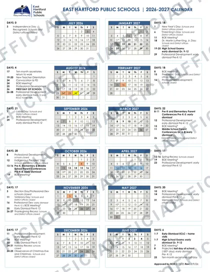 East Hartford Public Schools 2026-27 calendar