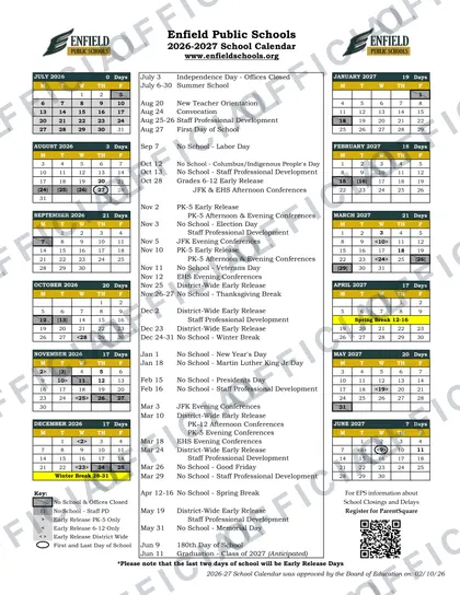 Enfield Public Schools 2026-27 calendar