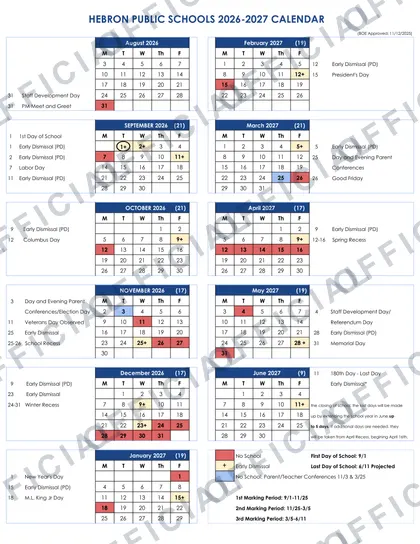 HEBRON PUBLIC SCHOOLS 2026-27 calendar