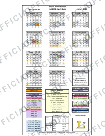 Ledyard Public Schools 2026-27 calendar