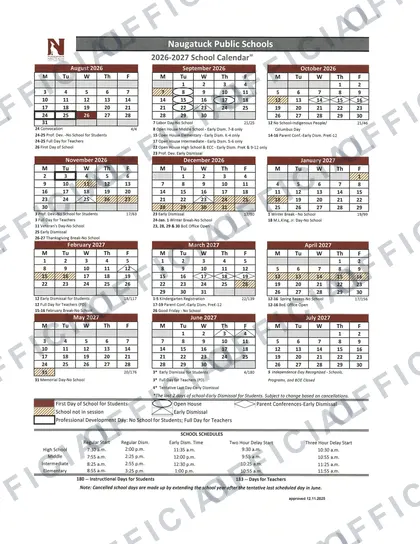 Naugatuck Public Schools 2026-27 calendar