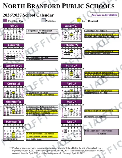 NORTH BRANFORD PUBLIC SCHOOLS 2026-27 calendar