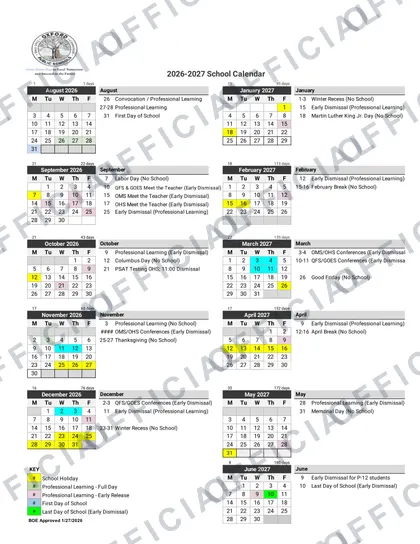 Oxford Public Schools 2026-27 calendar