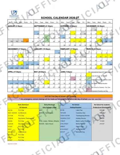 Plainville Community Schools 2026-27 calendar