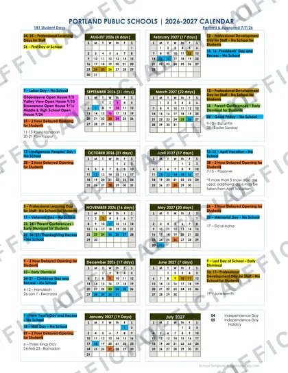 Portland Public Schools 2026-27 calendar