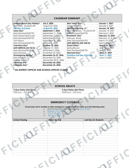 REGION 9 SCHOOL DISTRICT 2026-27 calendar