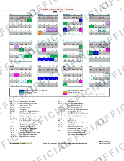 Regional School District No. 17 2026-27 calendar