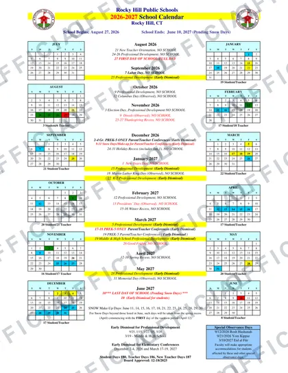 Rocky Hill Public Schools 2026-27 calendar
