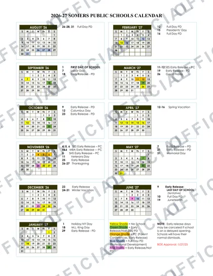 Somers Public Schools 2026-27 calendar