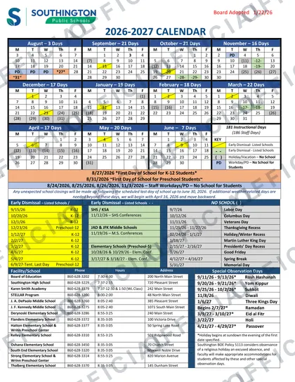 Southington Public Schools 2026-27 calendar