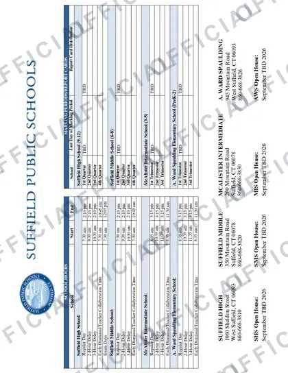 Suffield Public Schools 2026-27 calendar