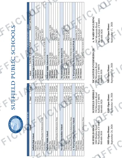 SUFFIELD PUBLIC SCHOOLS 2026-27 calendar