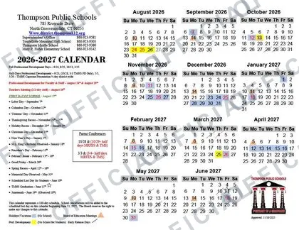 Thompson Public Schools 2026-27 calendar