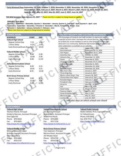 Tolland Public Schools 2026-27 calendar