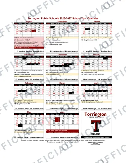 Torrington Public Schools 2026-27 calendar
